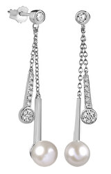 Stílusos ezüst fülbevalók cirkonokkal és gyöngyszemmel SC338