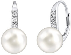Něžné stříbrné náušnice s pravou bílou perlou a krystaly Swarovski LPSER0639