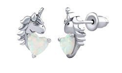 Silberne Ohrstecker Einhorn Esma mit weißem Opal in Herzform DCC22008EOW
