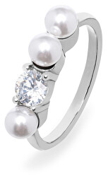 Elegantný oceľový prsteň so zirkónom a perlami VEDR0341S