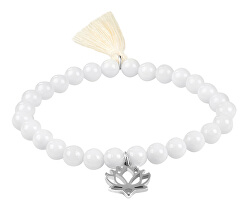 Weißes Achat-Perlenarmband mit Lotusblüte und Quaste
