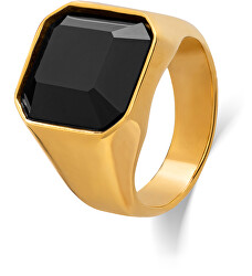 Masivní pozlacený prsten s černým krystalem