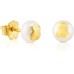 Slušivé zlaté náušnice s pravou perlou a medvídkem 611003200