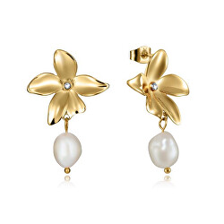Luxuriöse vergoldete Ohrringe mit Zirkonen und Perle 15116E01016
