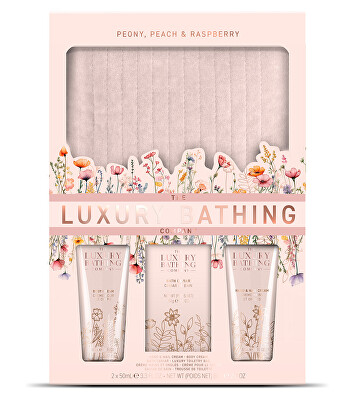 The Luxury Bathing Company - Dárková sada péče o tělo s kosmetickou taškou Pivoňka, Broskev & Malina 4 ks
