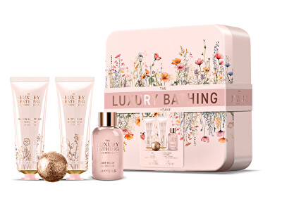 The Luxury Bathing Company - Dárková sada péče o tělo v plechové dóze Pivoňka, Broskev & Malina 4 ks