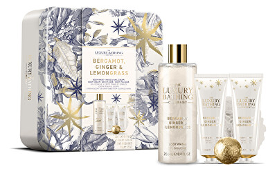 The Luxury Bathing Company - Dárková sada tělové péče v plechové dóze Bergamot, Zázvor & Lemongrass 5 ks