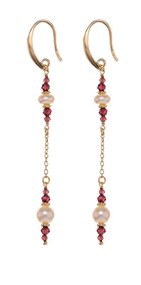 Alisia - Dlouhé pozlacené náušnice s granáty a pravými perlami AL5183.01.029