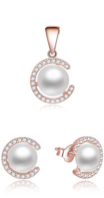 Beneto - Pozlacená souprava šperků ze stříbra s pravými perlami AGSET285P-ROSE (přívěsek, náušnice)