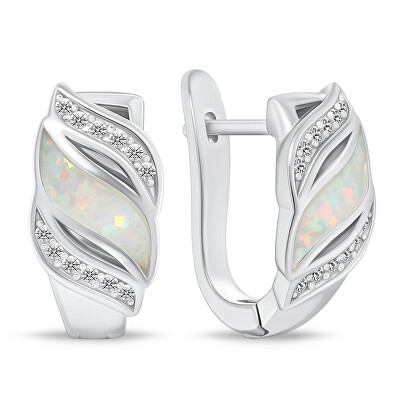 Brilio Silver - Půvabné stříbrné náušnice se zirkony a syntetickým opálem EA970W