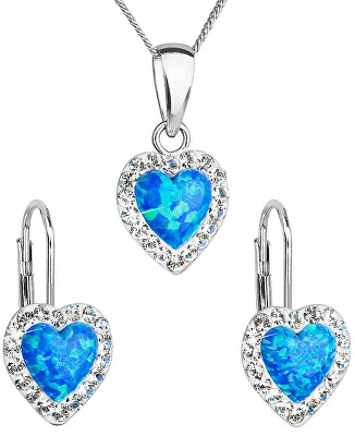 Evolution Group - Pavona - Srdíčková souprava šperků s krystaly Preciosa 39161.1 & blue s.opal (náušnice, řetízek, přívěsek)
