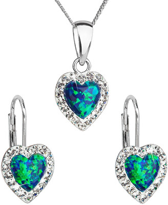Evolution Group - Pavona - Srdíčková souprava šperků s krystaly Preciosa 39161.1 & green s.opal (náušnice, řetízek, přívěsek)