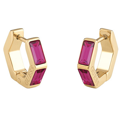 Guess - Nadčasové pozlacené náušnice s růžovou zirkonií Huggie Me JUBE03133JWYGFCT/U