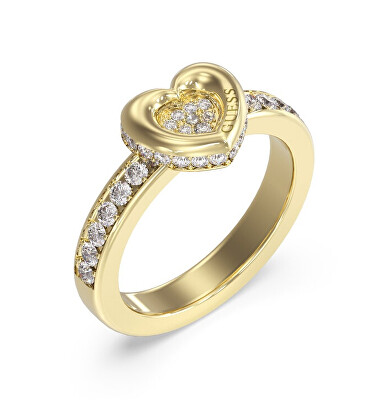 Guess - Půvabný pozlacený prsten Srdce s krystaly L.O.V.E. JUBR05464JWYG