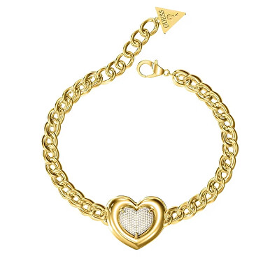 Guess - Výrazný pozlacený náramek Srdce s krystaly L.O.V.E. JUBB05456JWYG