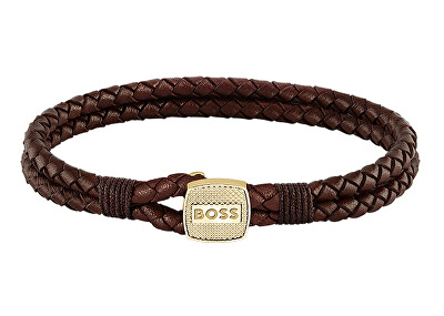 Hugo Boss - Hnědý pletený náramek z kůže Seal 1580667