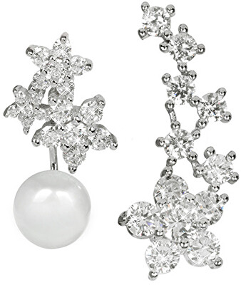 JwL Luxury Pearls - Asymetrické náušnice - dvojitá náušnice s pravou bílou perlou a podélná náušnice se zirkony JL0260