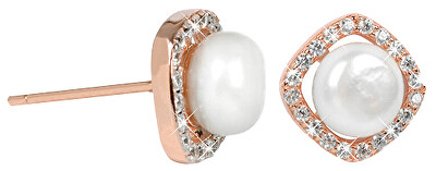 JwL Luxury Pearls - Stříbrné rosegold náušnice s pravou bílou perlou a krystaly JL0252