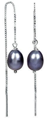 JwL Luxury Pearls - Stříbrné řetízkové náušnice s kovově modrou perlou JL0207