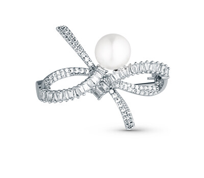 JwL Luxury Pearls - Blyštivá dámská brož Mašle s pravou perlou a krystaly JL0842