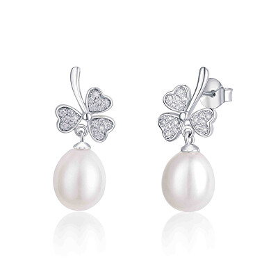 JwL Luxury Pearls - Trojlístkové stříbrné náušnice s perlou a zirkony JL0618