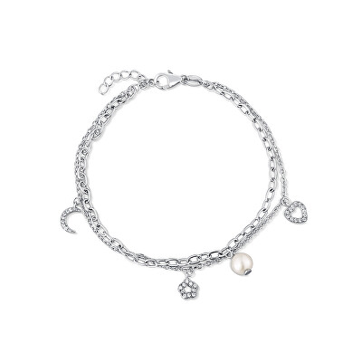 JwL Luxury Pearls - Dvojitý stříbrný náramek s přívěsky a pravou perlou JL0802