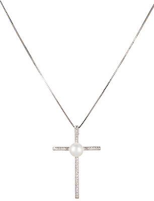 JwL Luxury Pearls - Stříbrný náhrdelník Křížek s pravou perlou JL0455 (řetízek, přívěsek)