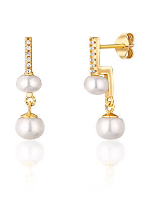 JwL Luxury Pearls - Nápadité žlto pozlátené náušnice s pravými perlami a zirkónmi JL0772