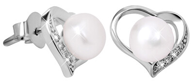 JwL Luxury Pearls - Náušnice Srdce s pravou perlou a zirkony JL0407