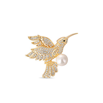JwL Luxury Pearls - Okouzlující pozlacená brož kolibřík s pravou perlou JL0516