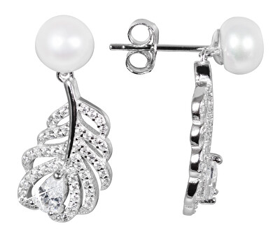 JwL Luxury Pearls - Perlové náušnice s bielou pravou perlou a zirkónmi Peříčka JL0536
