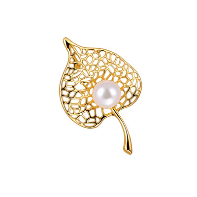 JwL Luxury Pearls - Pozlacená brož s pravou perlou Lipový list JL0881