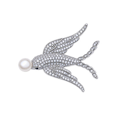 JwL Luxury Pearls - Stříbrná brož s perlou a zirkony Vlaštovka JL0884