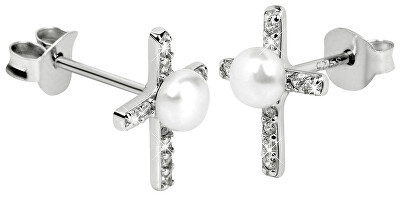 JwL Luxury Pearls - Strieborné náušnice Krížik s pravou perlou a zirkónmi JL0368