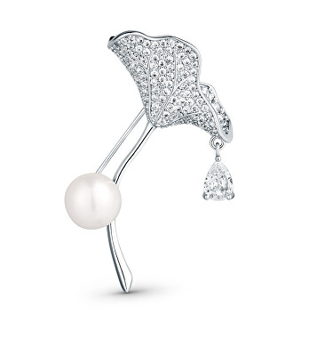 JwL Luxury Pearls - Třpytivá brož 2v1 s krystaly a pravou perlou Ginkgo JL0838