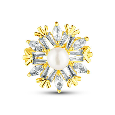 JwL Luxury Pearls - Třpytivá brož ve tvaru sněhové vločky s perlou JL0873