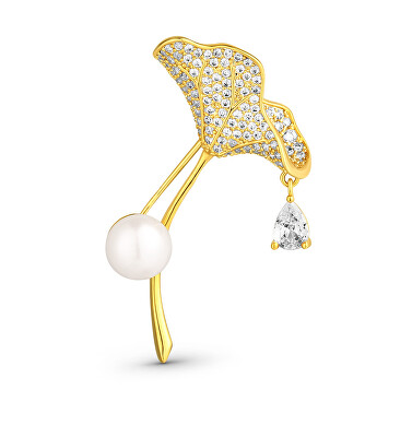 JwL Luxury Pearls - Třpytivá pozlacená brož 2v1 s krystaly a pravou perlou Ginkgo JL0837