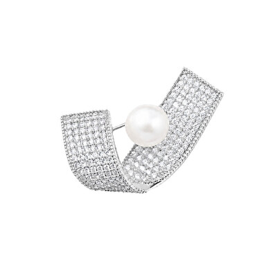 JwL Luxury Pearls - Třpytivá stříbrná brož s pravou perlou a zirkony JL0879