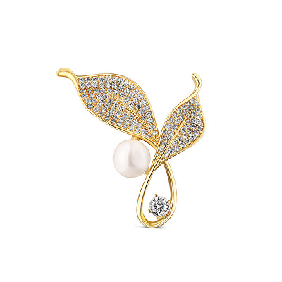JwL Luxury Pearls - Zářivá perlová brož s krystaly Lístky 2v1 JL0817