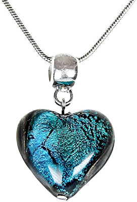 Lampglas - Výjimečný náhrdelník Turquoise Heart s perlou Lampglas s ryzím stříbrem NLH5