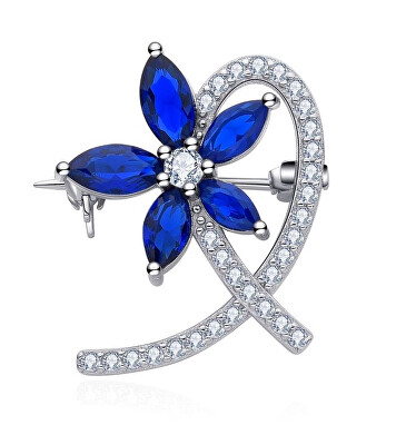 MOISS - Stříbrná brož Květina s modrými zirkony O0000009