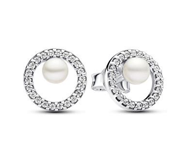 Pandora - Blyštivé stříbrné náušnice s pravou perlou Timeless 293154C01