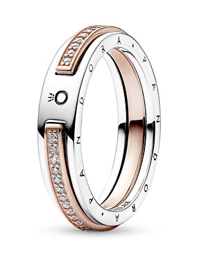 Pandora - Originální bicolor prsten se zirkony Signature Logo 182773C01