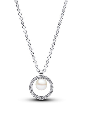 Pandora - Stříbrný náhrdelník s Pavé a pravou perlou Timeless 393165C01-45