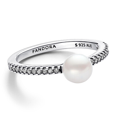 Pandora - Blyštivý stříbrný prsten s pravou perlou Timeless 193158C01