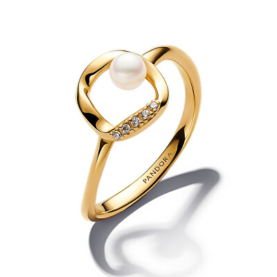 Pandora - Elegantní pozlacený prsten se zirkony a perlou Essence Shine 163831C01