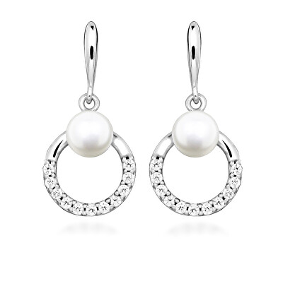 Silver Cat - Stříbrné visací náušnice s pravou perlou a zirkony Pearls SC602