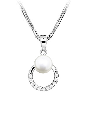 Silver Cat - Stříbrný náhrdelník s pravou perlou a zirkony Pearls SC601 (řetízek, přívěsek)