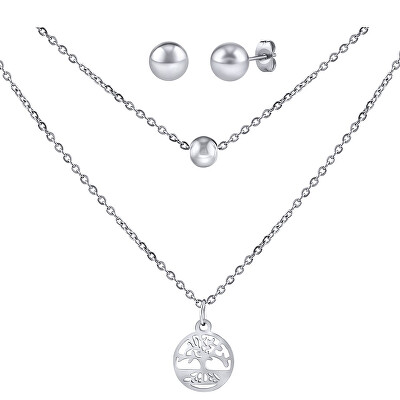 Silvego - Ocelový set přívěsku Strom života, dvojitého řetízku a náušnic KMM143006