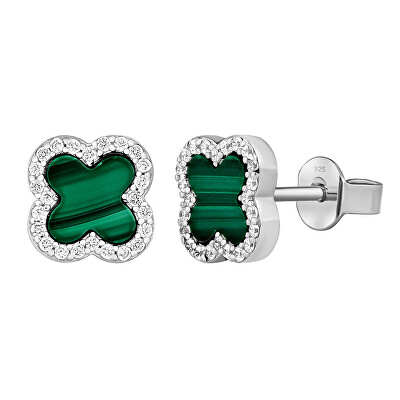Silvego - Stříbrné náušnice čtyřlístek Jonet s přírodním malachitem a Brilliance Zirconia MW02866EG